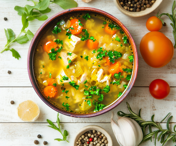 Image of a bowl of Garlic THyme Chicken Soup