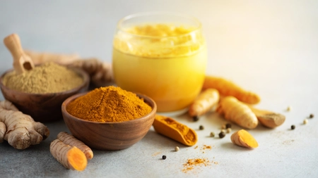 Healthy ayurvedic drink with turmeric, milk and churna.